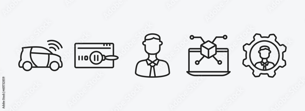 Poster programming outline icons set. programming icons such as smart car, code review, seo, simulation, se