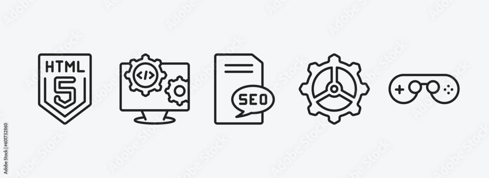 Poster seo outline icons set. seo icons such as html5, engineering, seo report, cogwheel, console vector. c
