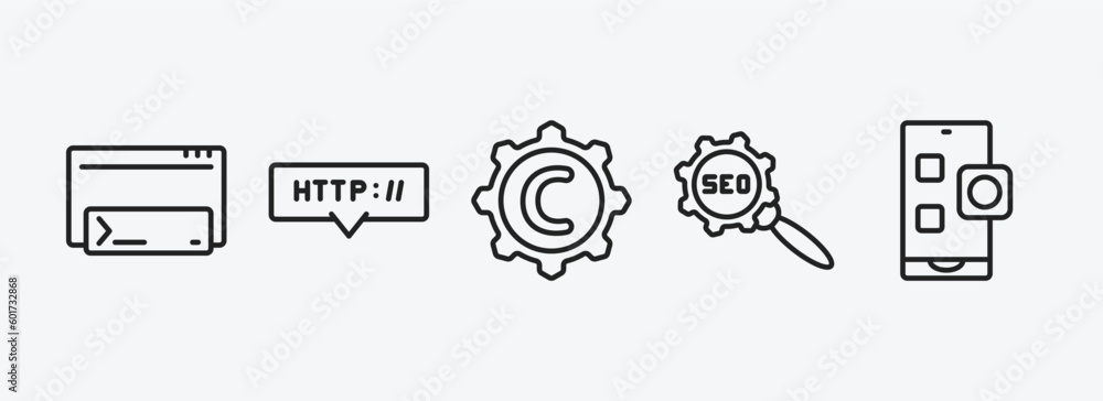 Poster seo outline icons set. seo icons such as code terminal, http, copyright, seo configuration, app vect