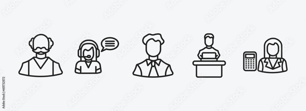 Aufkleber professions outline icons set. professions icons such as pensioner, telemarketer, office worker, sof