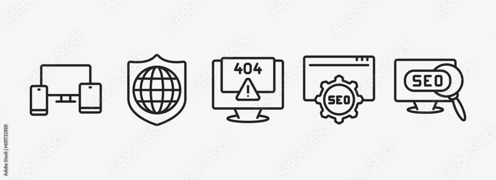 Poster seo outline icons set. seo icons such as cross-platform, secured network, program error, image seo, 