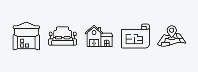 real estate outline icons set. real estate icons such as storehouse, bedroom, house front view, plans, map location vector. can be used web and mobile.