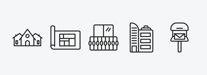 real estate outline icons set. real estate icons such as house decoration, blueprint, balcony, office building, mailbox vector. can be used web and mobile.
