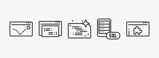 programming outline icons set. programming icons such as advertising bounce, code listing, clean code, mysql, plugin vector. can be used web and mobile.