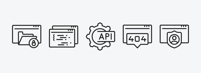 programming outline icons set. programming icons such as encripted file, page, api, 404 error, authorize vector. can be used web and mobile.