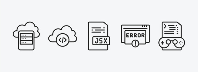 programming outline icons set. programming icons such as data storage, cloud storage, jsx, error, game development vector. can be used web and mobile.