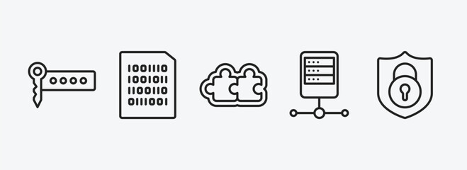 seo outline icons set. seo icons such as seo keywords, binary file, addon, server, encryption vector. can be used web and mobile.