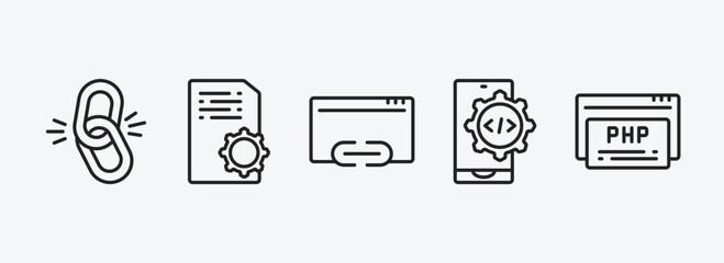 programming outline icons set. programming icons such as broken link, article, hyperlink, mobile development, php vector. can be used web and mobile.