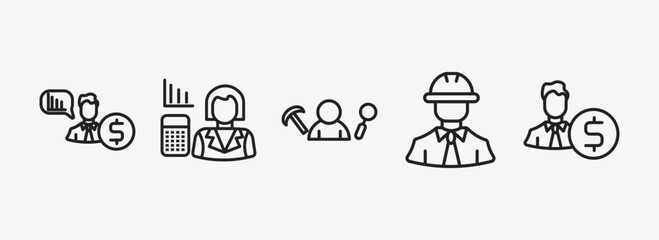 professions outline icons set. professions icons such as financial advisor, actuary, archeologist, civil engineer, accountant vector. can be used web and mobile.