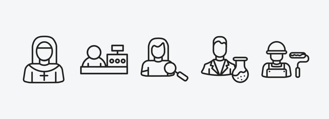professions outline icons set. professions icons such as nun, cashier, hr specialist, scientist, dyer vector. can be used web and mobile.