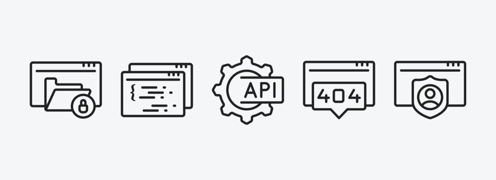 programming outline icons set. programming icons such as encripted file, page, api, 404 error, authorize vector. can be used web and mobile.