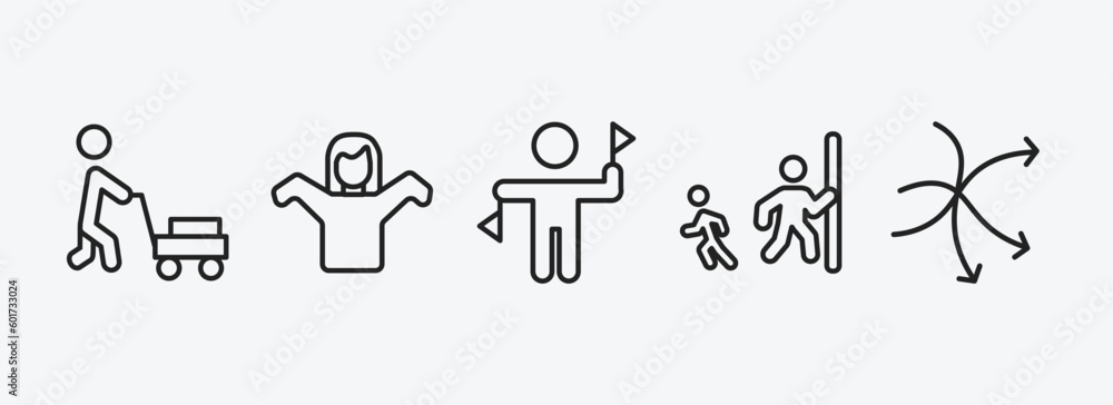 Poster people outline icons set. people icons such as person mowing the grass, getting dressed, flag semaph