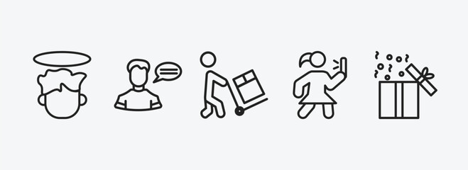 people outline icons set. people icons such as boy angel head, monologue, worker loading, woman taking a photo, open present box vector. can be used web and mobile.