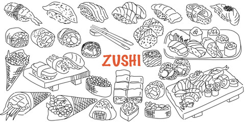 Big set of japanese food and beverage doodle hand drawing style sushi, yakisoba, takoyaki, onigiri, green tea, sake, dorayaki, mochi, rice ball, miso soup, tofu, oden, dango, taiyaki, tempura