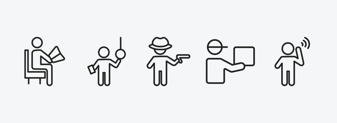 people outline icons set. people icons such as sitting man reading, ticket collector, criminal heist, curier, man hearing vector. can be used web and mobile.