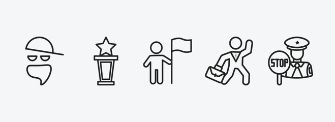 people outline icons set. people icons such as gangsters, cinema award, man holding a flag, businessman dancing, traffic police vector. can be used web and mobile.