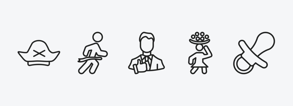 people outline icons set. people icons such as pirate head, running at finish line, tumb up business man, woman carrying, baby pacifier vector. can be used web and mobile.