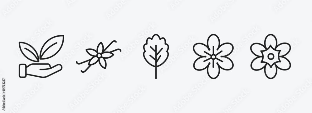 Poster nature outline icons set. nature icons such as save nature, vanilla, oak, geranium, freesia vector. 