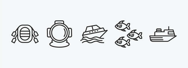 nautical outline icons set. nautical icons such as rubber raft, aqualung, cruise ship, fishes, ferry facing right vector. can be used web and mobile.
