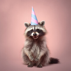 Happy fluffy funny raccoon with birthday hat against pastel pink background. Minimal birthday concept. Generative AI.