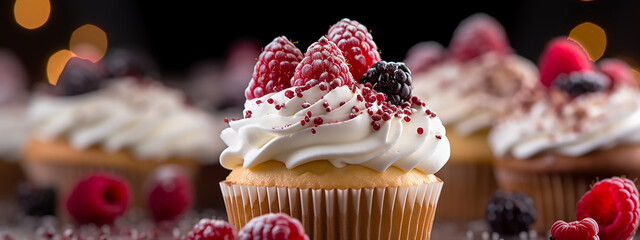 Treat yourself to cupcake bliss with this banner. Spongy cake, dreamy frosting, and a delightful array of fresh, tangy berries make every bite divine.