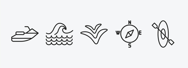 nautical outline icons set. nautical icons such as facing right, sea, seagull, compass, one kayak vector. can be used web and mobile.