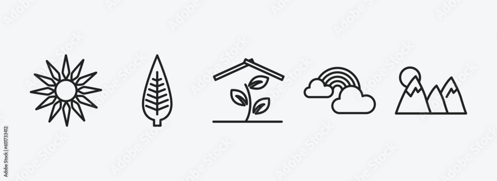 Poster nature outline icons set. nature icons such as sol, lanceolate, indoor, rainbow behind a cloud, moun