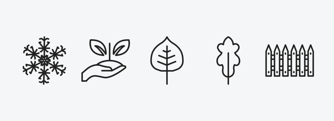 nature outline icons set. nature icons such as big snowflake, treatments, cercis leaf, oak leaf, fences vector. can be used web and mobile.