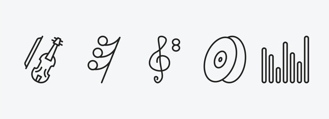 music and media outline icons set. music and media icons such as cello, thirty second note rest, octave clef, cymbal, sound bars vector. can be used web and mobile.
