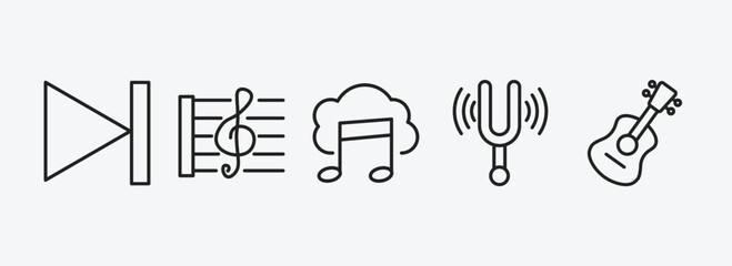 music and media outline icons set. music and media icons such as skip, stave, downloaded music cloud, diapason, ukelele vector. can be used web and mobile.