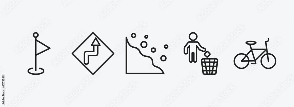 Poster maps and flags outline icons set. maps and flags icons such as maps and flags, curves ahead, rock la