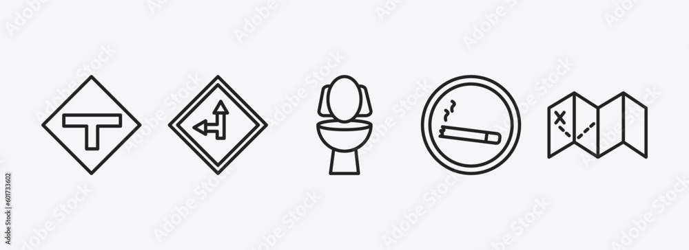 Poster maps and flags outline icons set. maps and flags icons such as t road intersection, left side road, 