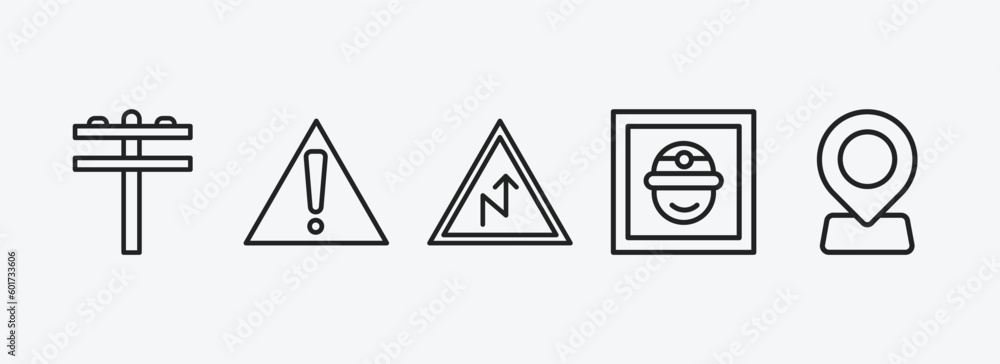 Poster maps and flags outline icons set. maps and flags icons such as pole, caution, right reverse curve, m