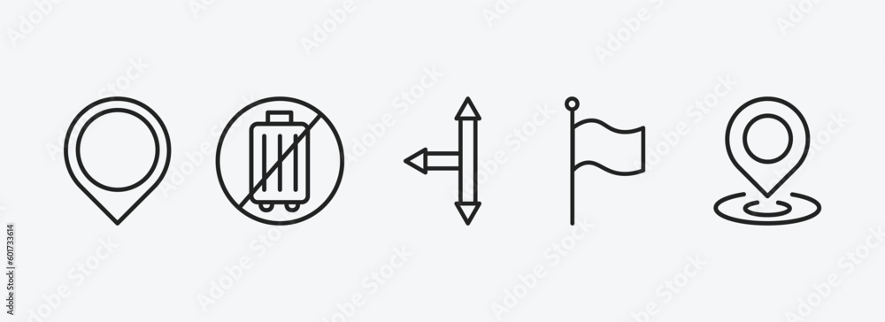 Poster maps and flags outline icons set. maps and flags icons such as location marker, no luggage, left int