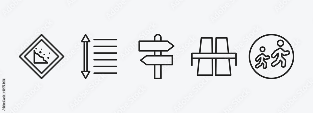 Poster maps and flags outline icons set. maps and flags icons such as land slide, spacing, divarication, fl