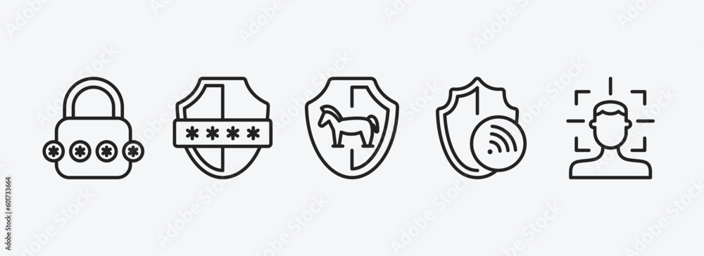 Poster internet security outline icons set. internet security icons such as passkey, pin code, trojan, wifi