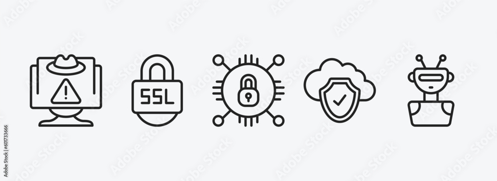 Poster internet security outline icons set. internet security icons such as spyware, ssl, encrypted, cloud,