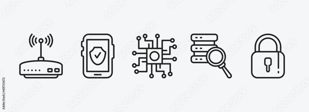 Poster internet security outline icons set. internet security icons such as router, mobile phone security, 