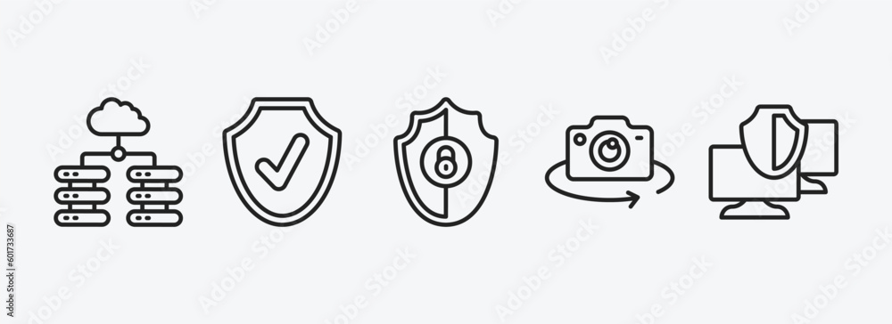 Poster internet security outline icons set. internet security icons such as data center, antivirus, gdpr sh