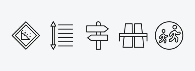 maps and flags outline icons set. maps and flags icons such as land slide, spacing, divarication, flyover bridge, school zone vector. can be used web and mobile.