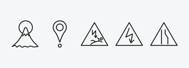 maps and flags outline icons set. maps and flags icons such as mount fuji, placeholder point, electrocution risk, electrocutation danger, narrow right lane vector. can be used web and mobile.