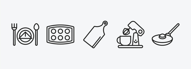 kitchen outline icons set. kitchen icons such as dinner, muffin pan, cutting board, mixer, frying pan vector. can be used web and mobile.