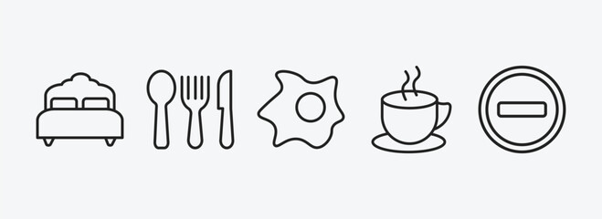 hotel and restaurant outline icons set. hotel and restaurant icons such as beds, eating utensils, fried egg, coffee, do not disturb vector. can be used web and mobile.