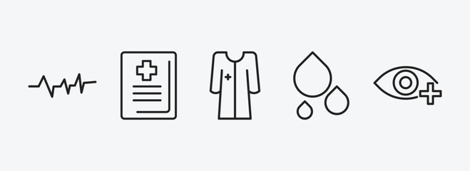 health and medical outline icons set. health and medical icons such as pulse, medical book, patient robe, blood, ophthalmology vector. can be used web and mobile.