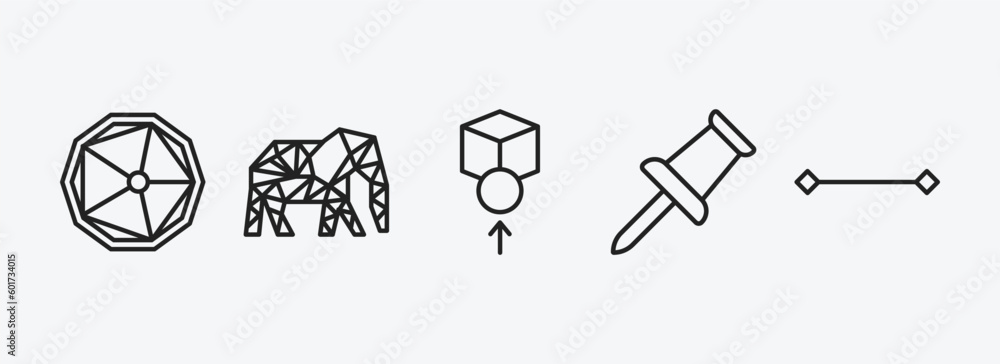 Poster geometry outline icons set. geometry icons such as ennegon, polygonal elephant, front, push pin, lin