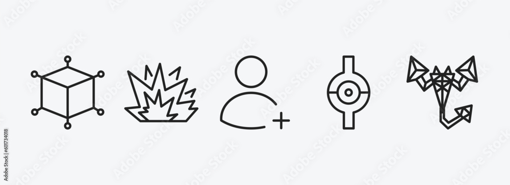 Poster geometry outline icons set. geometry icons such as 3d cube, explode, join, joint, polygonal scorpion