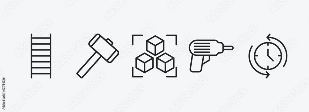 Poster general outline icons set. general icons such as stepladder, sledgehammer, model preparation, perfor