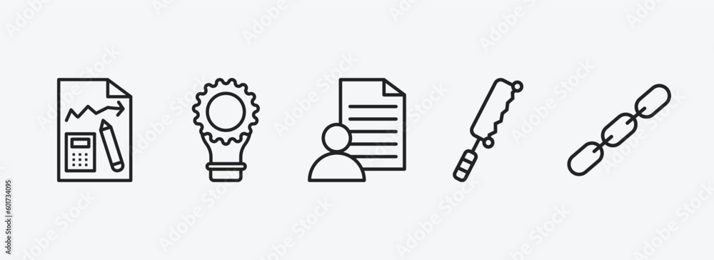 Poster general outline icons set. general icons such as ecommerce strategy, fintech innovation, agent scrip