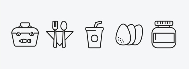food outline icons set. food icons such as fishing tool, bistro, drinking, eggs sillhouettes, protein container vector. can be used web and mobile.