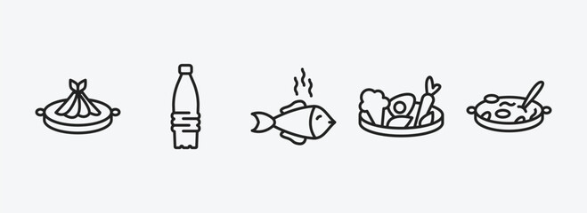 food and restaurant outline icons set. food and restaurant icons such as fuqi feipian, plastic water bottle, cooked fish, vegetarian food, cantonese seafood soup vector. can be used web and mobile.